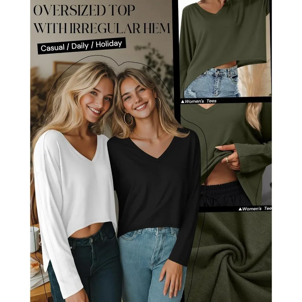 Women's Cropped Long Sleeve Top Set V Neck Irregular Hem Casual Fall
